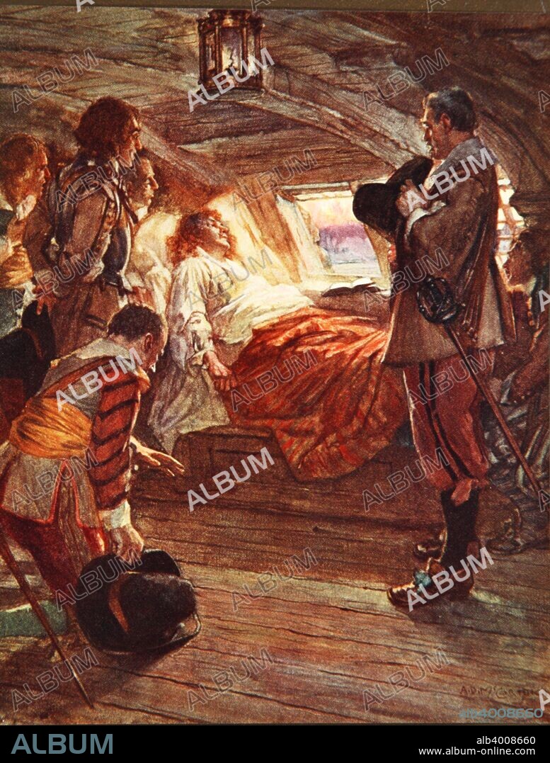 The Death of Admiral Blake (1599-1657) - For the great heart faltered on the threshold, And darkness took the land his soul desired. Illustration from 'Drake's Drum and Other Songs of the Sea' by Henry Newbolt (1862-1938) pub. 1905 (colour litho).