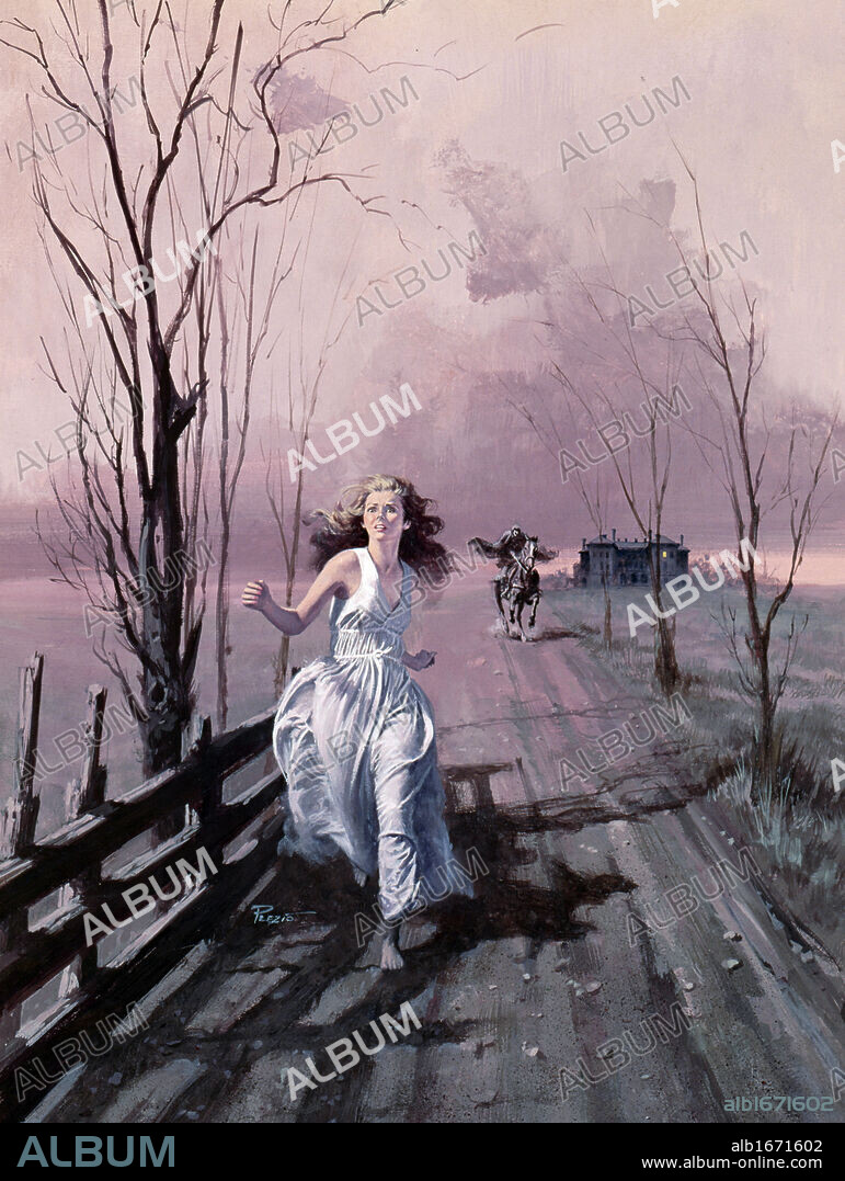 Painting of woman escaping from farm, being chased by horseman.