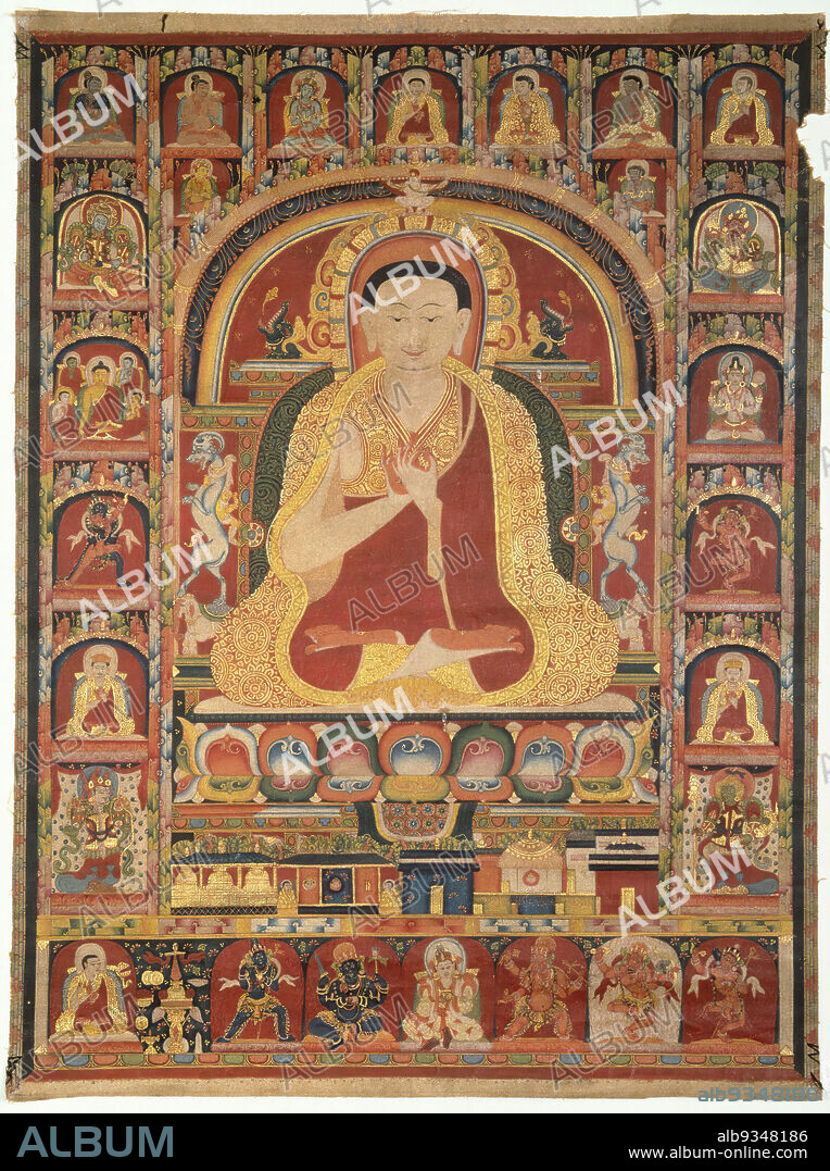 Portrait of Taglung Thangpa Chenpo, Opaque watercolor and gold on cotton, Tibet, early to mid 14th century, 20 3/8 x 15 in., 51.8 x 38.1 cm, 13th century, Blue Annals, Buddha, Buddhism, Central Asian influence, cotton, deities, gold, gouache technique, guache technique, Indian tradition, mineral pigments, Monk, Portrait, portraits, Sanskrit, teachers, thangka, Thangpa Chenpo, Tibet, watercolor.