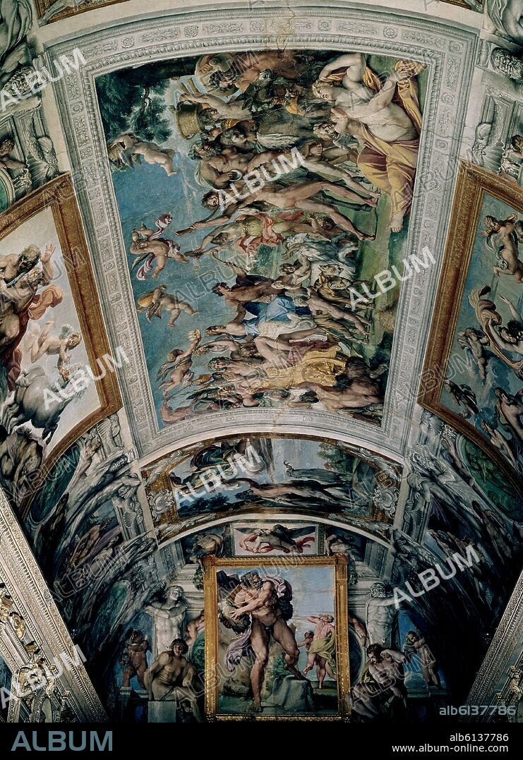 ANNIBALE CARRACCI (1560-1609). FRESCOS DE LA BOVEDA DE LA GRAN GALERIA DEL PALACIO FARNESIO - EL TRIUNFO DE BACO Y ARIADNA - 1597-1600 - BARROCO ITALIANO.
