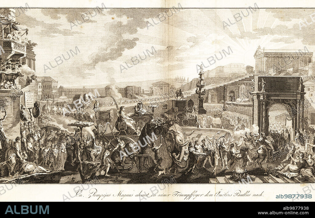 Gnaeus Pompeius Magnus on a huge chariot drawn by elephants in a triumphal procession. Before him march soldiers and musicians and hundreds of hostages in national costume of conquered realms. The Triumph of Pompey in Rome, 61 BC, in imitation of General Aemilius Paullus Macedonicus. Triomphe de Pompee dans Rome, a l'imitation de celui de Paul-Emile. Copperplate engraving by J. Blaschke after a design by Gabriel de St. Aubin from Professor Joseph Rudolf Zappes Gemalde aus der romischen Geschichte, Pictures of Roman History, Joseph Schalbacher, Vienna, 1800. German edition of Abbe Claude Francois Xavier Millots Abrege de lHistoire Romaine.