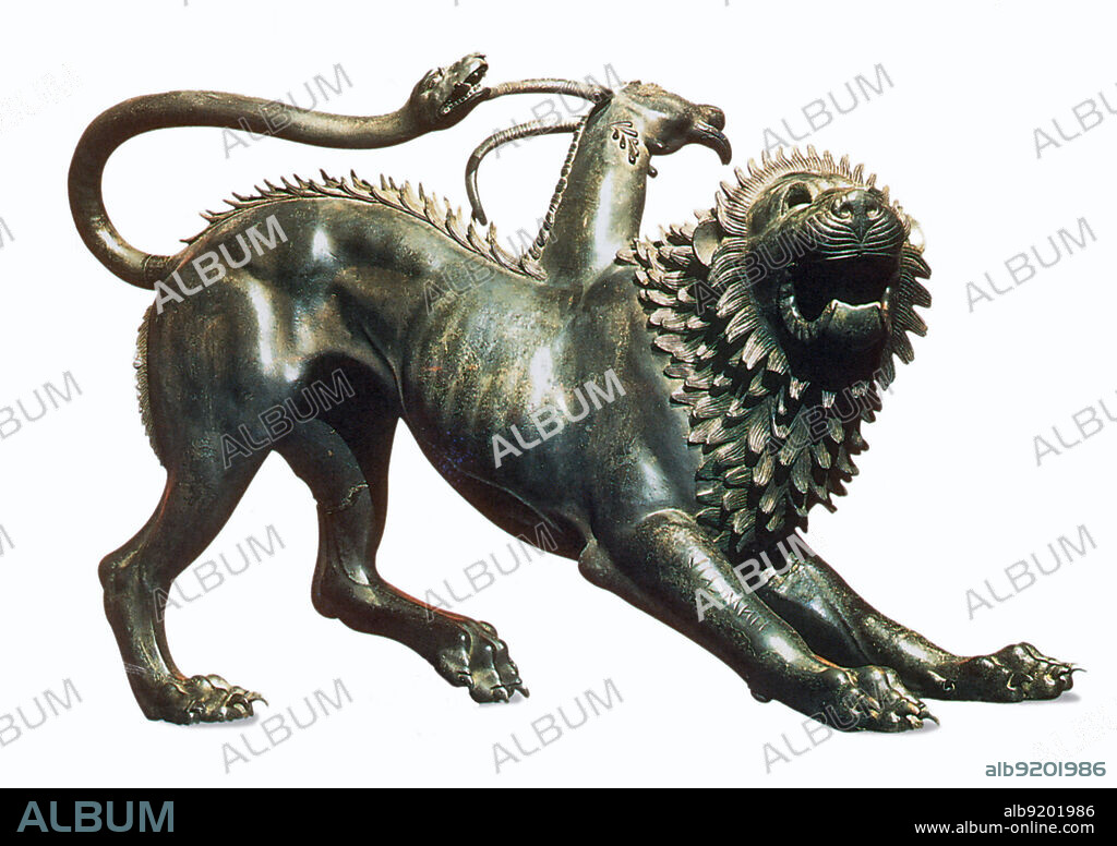 The Chimera of Arezzo, a 5th century B.C. bronze sculpture, is one of the best known examples of Etruscan art. The Chimera is a creature belonging to Greek mythology, comprising multiple animal parts (lion, goat and snake).