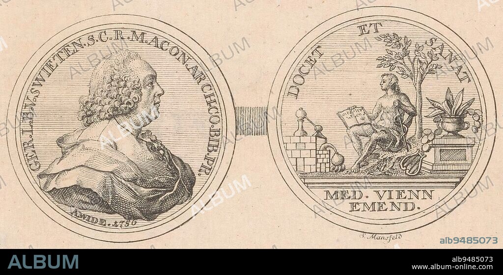 Medal with on the obverse a portrait of Gerard van Swieten On the reverse a personification with the title: Docet et Sanat Learn and cure, medal with the portrait and personification of Gerard van Swieten, print maker: Sebastian Mansfeld, (mentioned on object), Anton Franz Widemann, (mentioned on object), 1761 - 1816, paper, etching, h 64 mm - w 125 mm.