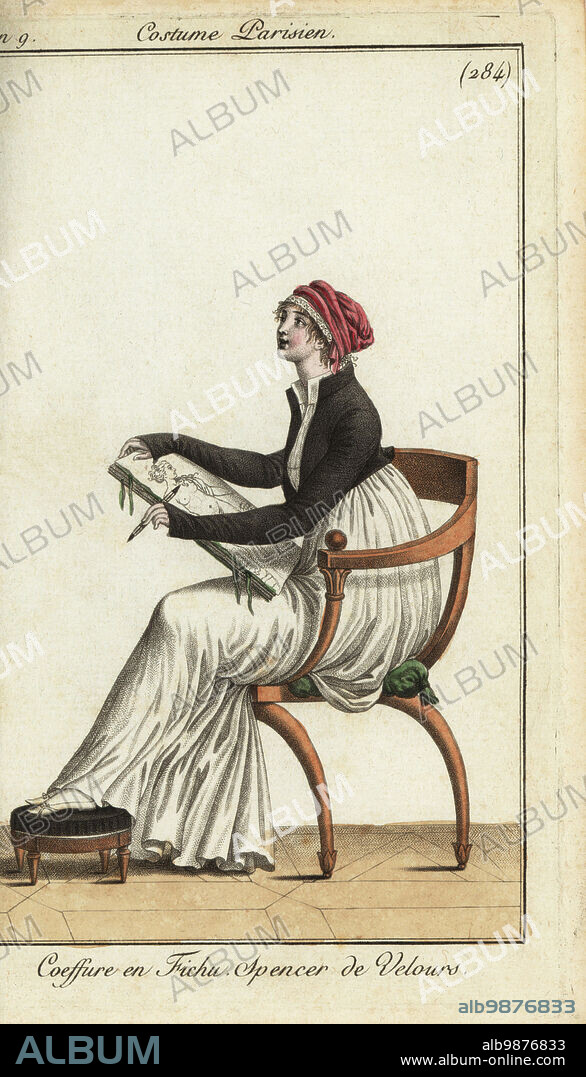 Fashionable woman sketching a nude model at an art class, 1800. She wears a kerchief hairdo, a black velvet Spencer jacket, and white high-necked dress with collar. She sits in a chair and rests her feet on a footstool. Coeffure en Fichu. Spencer de Velours. Handcoloured copperplate engraving from Pierre de la Mesangeres Journal des Modes et Dames, Paris, 1800. The illustrations in volume 4 were by Carle Vernet, Bosio, Dutailly and Philibert Louis Debucourt.