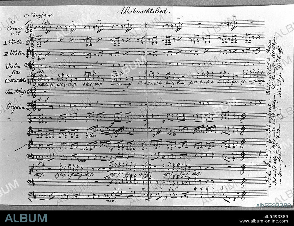 Gruber, Franz Xaver compositeur de musique sacrée. 1787-1863. Oeuvre: Douce nuit, Sainte nuit. (1818; Texte de Josef Mohr). Partition de sa propre main (version dite de Hallein pour 2 sopranos, choeur, instruments à cordes, cor et orgue). Hallein, Keltenmuseum.