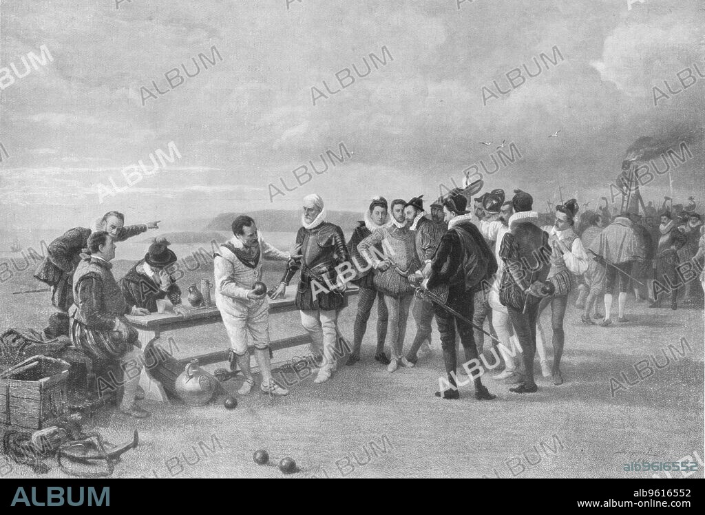 JOHN SEYMOUR LUCAS. 'The Armada in sight, Plymouth hoe', 1880, (1911). A depiction of the apocryphal story that Sir Francis Drake (c1540-1596) played a game of bowls in Plymouth Hoe in 1588 while waiting for the tide to change before sailing out with the English fleet to engage with the Spanish Armada. Painting held at the Art Gallery of New South Wales, SydneyFrom Bibby's Annual 1911, [J. Bibby & Sons, Liverpool, 1911].
