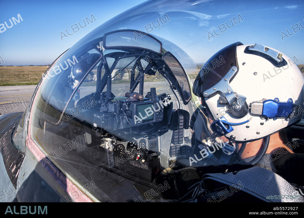 Bulgarian Air Force pilot ready for a new mission inside a MiG-29 fighter jet at Graf Ignatievo Air Base, Bulgaria.