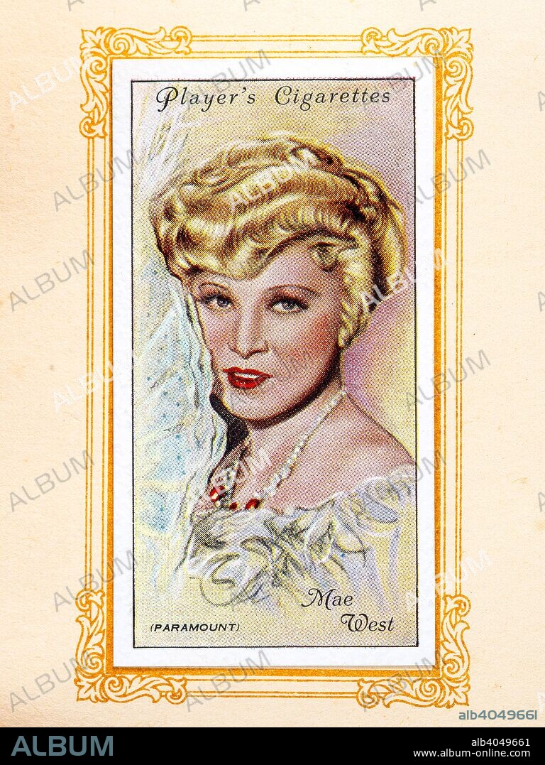 Mae West, 1934. Mary Jane Mae West (August 17, 1893 - November 22, 1980)[1] was an American actress, singer, playwright, screenwriter, comedian, and sex symbol whose entertainment career spanned seven decades. From An Album of Film Stars; Second Series issued by John Player & Sons. [Imperial Tobacco & Co Ltd, 1934].