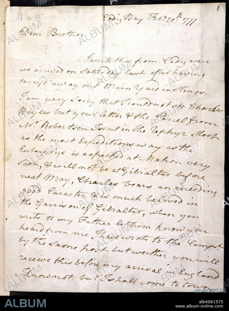 Letter of Lord Nelson. Nelson Papers, Vol. LXXXVII. Spain [Cadiz Bay]; 1777. [Whole folio] Autograph letter of Lord Nelson to his brother, the Rev. William Nelson. Cadiz Bay, 20 February 1777  Image taken from Nelson Papers, Vol. LXXXVII.  Originally published/produced in Spain [Cadiz Bay]; 1777. . Source: Add. 34988, f.1. Language: English.