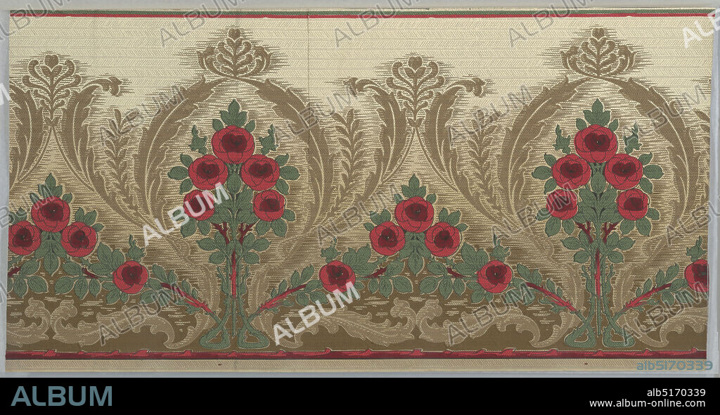 Frieze, Machine-printed paper, Frieze with Art Nouveau and Arts and Crafts influences. Panel features tall bouquets of stylized, rounded orange blossoms with green spade-shaped leaves. The stems at the bottom of the bouquets twist round and grow into triangular groupings of the same blossoms. Foliate motifs rendered in gold surround the blossoms and leaves, and an allover herringbone pattern adds texture behind the vegetation. The design is printed in shades of orange, green and gold on a beige ground., USA, 19051915, Wallcoverings, Frieze.