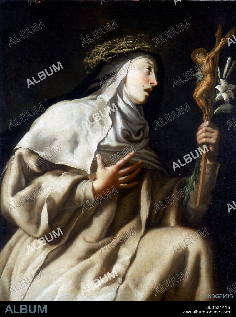 GUIDO CAGNACCI. 'St Teresa of Avila before the Cross', c1621-1663. Teresa of Avila (1515-1582), was a Spanish mystic and saint who reformed the Carmelite order. She is depicted in tears and wearing a crown of thorns. In her hand she holds a crucifix with a figure of Christ and a Madonna lily (Lilium candidum), the symbol of chastity and innocence.