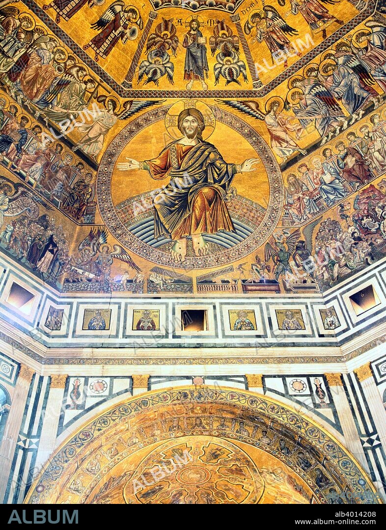 Mosaic ceiling, Baptistry of St John, Florence, Italy. The Baptistry of St John (Battistero di San Giovanni) is thought to be the oldest building in Florence, dating from the 6th or 7th century. The basilica's magnificent ceiling mosaics were produced in the 13th century, and depict scenes of the Last Judgement, Genesis and the stories of John the Baptist and Joseph. Just above centre can be seen the figure of Christ in Judgement, which is over 8 metres high.