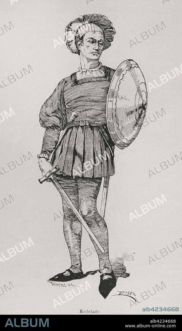 Rodeleros (shield bearers). Spanish troops in the early 16th century. They were equipped with swords and steel shields or bucklers, known as rodela. The majority of Hernan Cortes's troops, during the campaings in the New World, were rodeleros. Engraving. Museo Militar, 1883.
