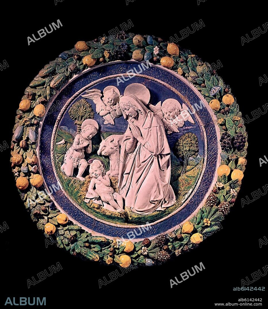LUCA DELLA ROBBIA (1400-1482). LA VIRGEN Y EL NIÑO JESUS-RELIEVE CIRCULAR DE TERRACOTA S XV.