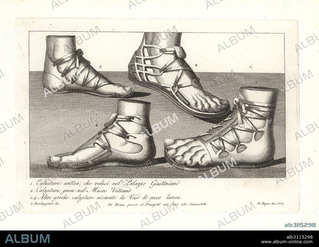 Ancient shoe from the Palazzo Giustiniani 1, ancient Greek shoe from the Vatican Museum 2, and other Greek shoes from Greek vases 3,4. Copperplate engraving by Pietro Ruga after an illustration by Lorenzo Rocceggiani from his own 100 Plates of Costumes Religious, Civil and Military of the Ancient Egyptians, Etruscans, Greeks and Romans, Franzetti, Rome, 1802.