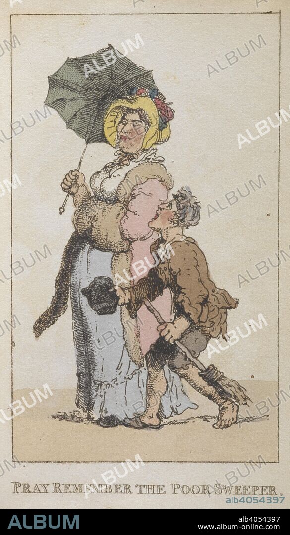 THOMAS ROWLANDSON. 'Pray remember the poor sweeper'. A woman carrying an umbrella, being pestered by a boy begging for money. Rowlandson's characteristic Sketches of the Lower Orders, intended as a companion to the New Picture of London: consisting of fifty-four plates coloured. London, 1820. Source: C.58.cc.1.(2).