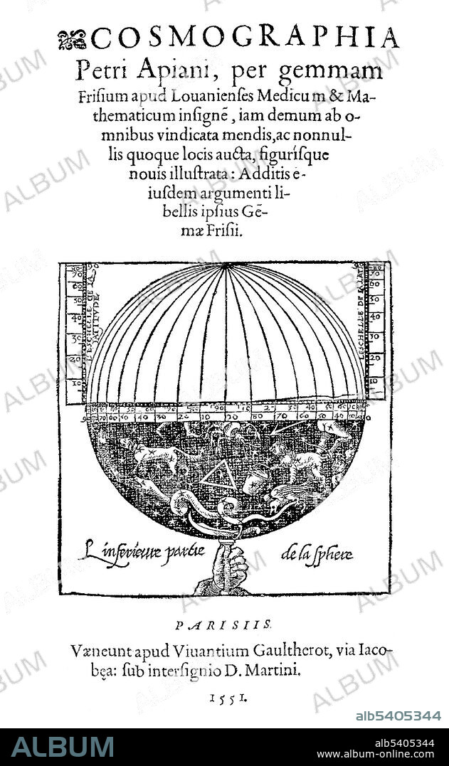 Petrus  Apianus, Cosmographia, title page, 1551.Petrus Apianus (April 16, 1495 - April 21, 1552) was a German humanist, known for his works in mathematics, astronomy and cartography. In 1524 he produced his Cosmographicus liber, a respected work on astronomy and navigation that was to see at least 30 reprints in 14 languages. In 1527 he published a variation of Pascal's triangle, and in 1534 a table of sines. In 1531, he observed a comet and discovered that a comet's tail always point away from the sun. In 1540, he printed the Astronomicum Caesareum, dedicated to Charles V who appointed him his court mathematician. He designed sundials, published manuals for astronomical instruments and crafted volvelles (Apian wheels), measuring instruments useful for calculating time and distance for astronomical and astrological applications. He died in 1552 at the age of 57.
