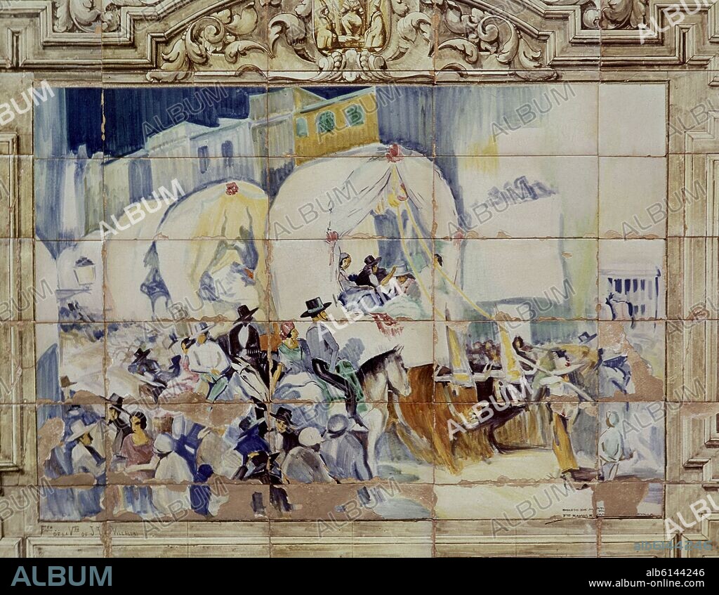 REPRESENTACION DE SEVILLA - SALIDA DE LAS CARRETAS DE LA HERMANDAD DEL ROCIO DE TRIANA - MOSAICO DE LA PLAZA DE ESPAÑA DE SEVILLA - SIGLO XX.