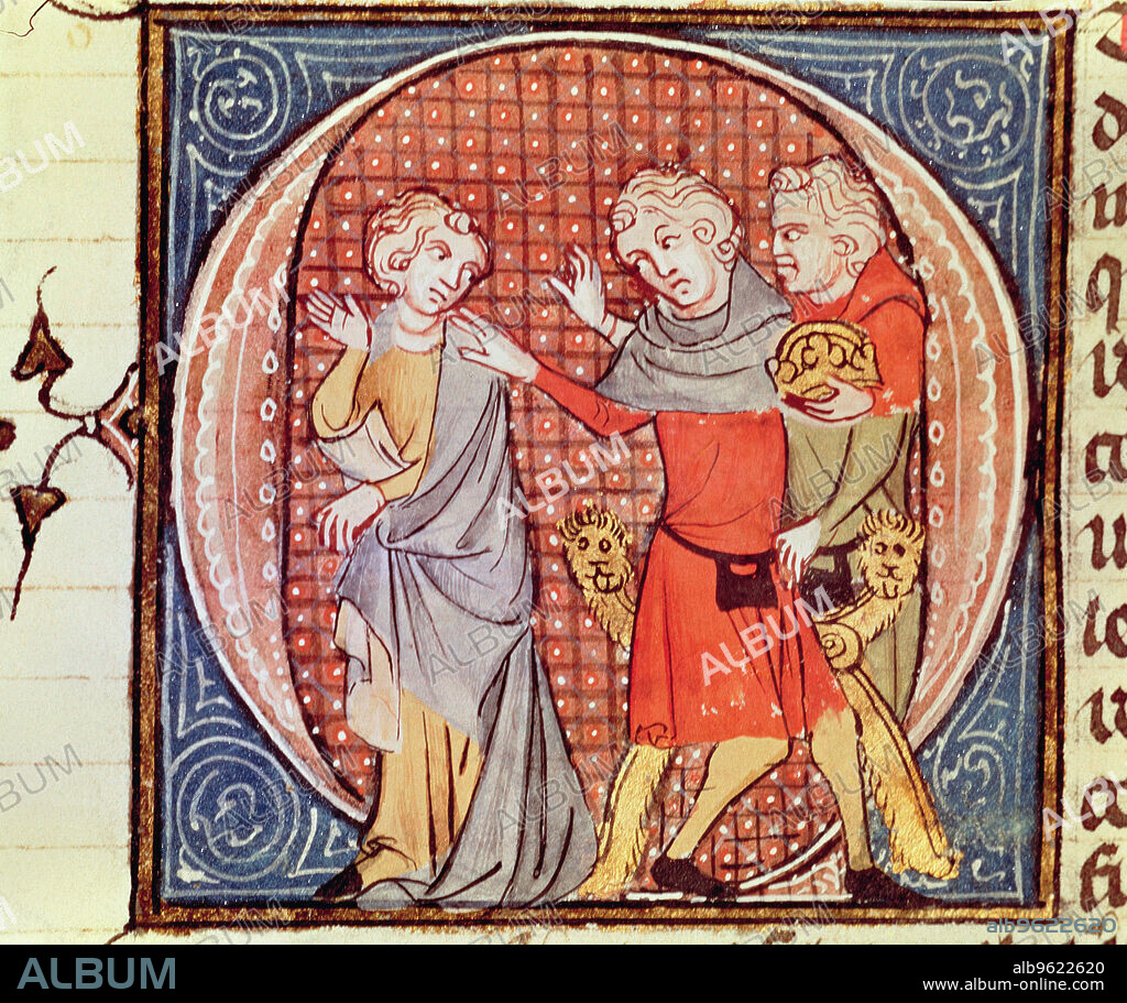 The Emperor Otto IV (1209-1218) was deposed by Pope Innocent III (1198 - 1216). Miniature in 'Historical Chronicle', 14th century illuminated manuscript.