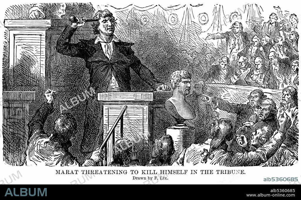 (Jean-Paul) Marat threatening to kill himself in the Tribune, drawn by F. Lix, Illustration, Ridpath's History of the World, Volume III, by John Clark Ridpath, LL. D., Merrill & Baker Publishers, New York, 1897.
