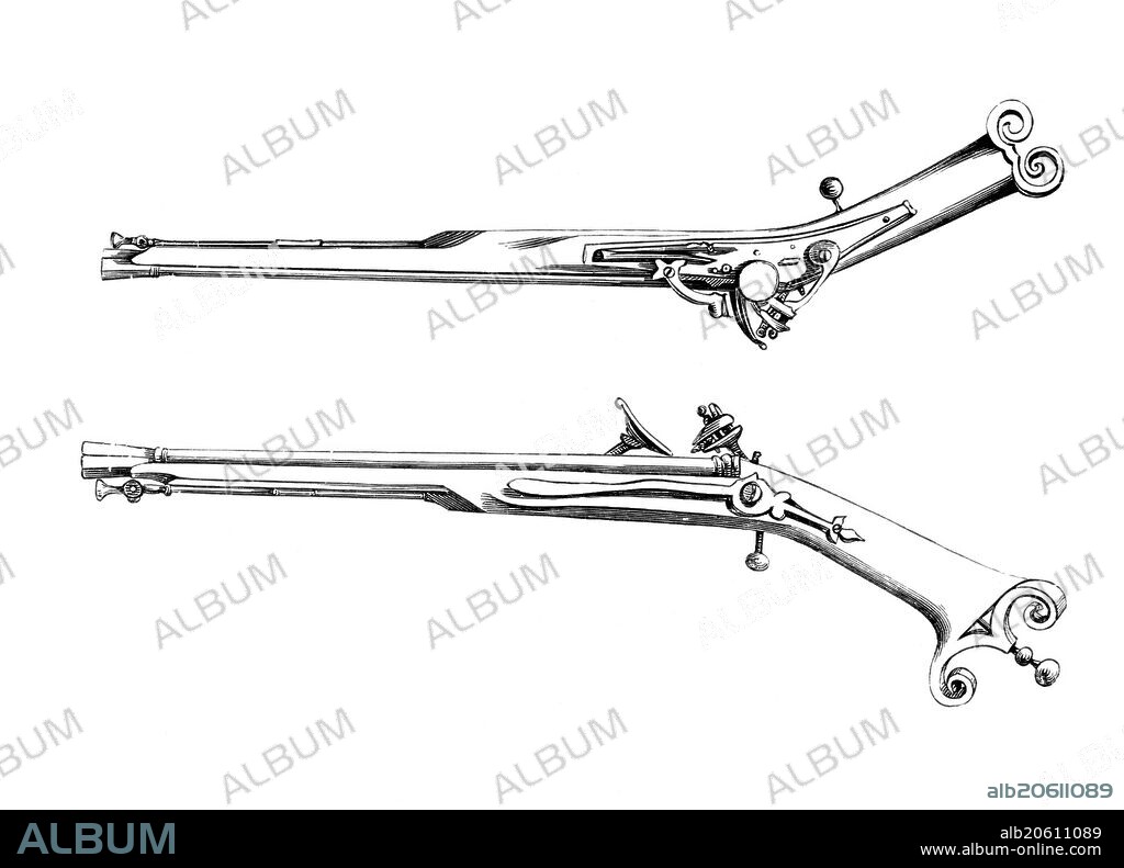 Snaphance Highland pistol. with very straight iron stock. circa 1630. A snaphance or snaphaunce is a type of firearm lock in which a flint struck against a striking plate over a steel pan ignites the primer that sets the weapon in motion. From the book The British Army. 1868. Historical. digitally restored reproduction from a 19th-century original.