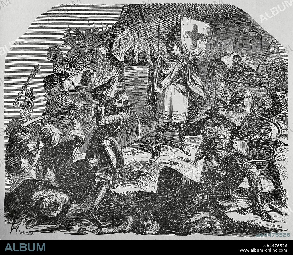 España. Asturias. Batalla de Covadonga, 718 o 722. Enfrentamiento entre el ejército cristiano astur de Don Pelayo y las tropas musulmanas de al-Andalus, con victoria astur. Dibujo por Fernando Miranda. Grabado por Ricord. Crónica General de España, Historia Ilustrada y Descriptiva de sus Provincias. Tomo de Astruias y León, 1867. Biblioteca Histórico Militar de Barcelona, Cataluña, España.