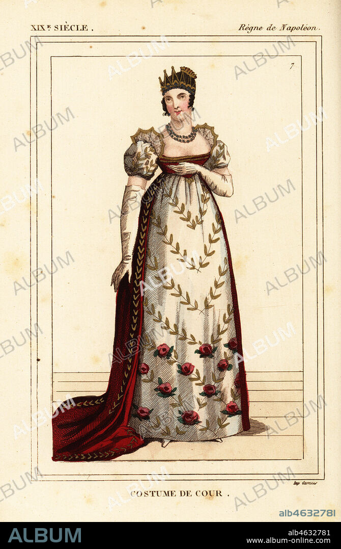 Costume of a female courtier, French Napoleonic era. Handcoloured lithograph by Leopold Massard from Le Bibliophile Jacob aka Paul Lacroix's Costumes Historiques de la France (Historical Costumes of France), Administration de Librairie, Paris, 1852.
