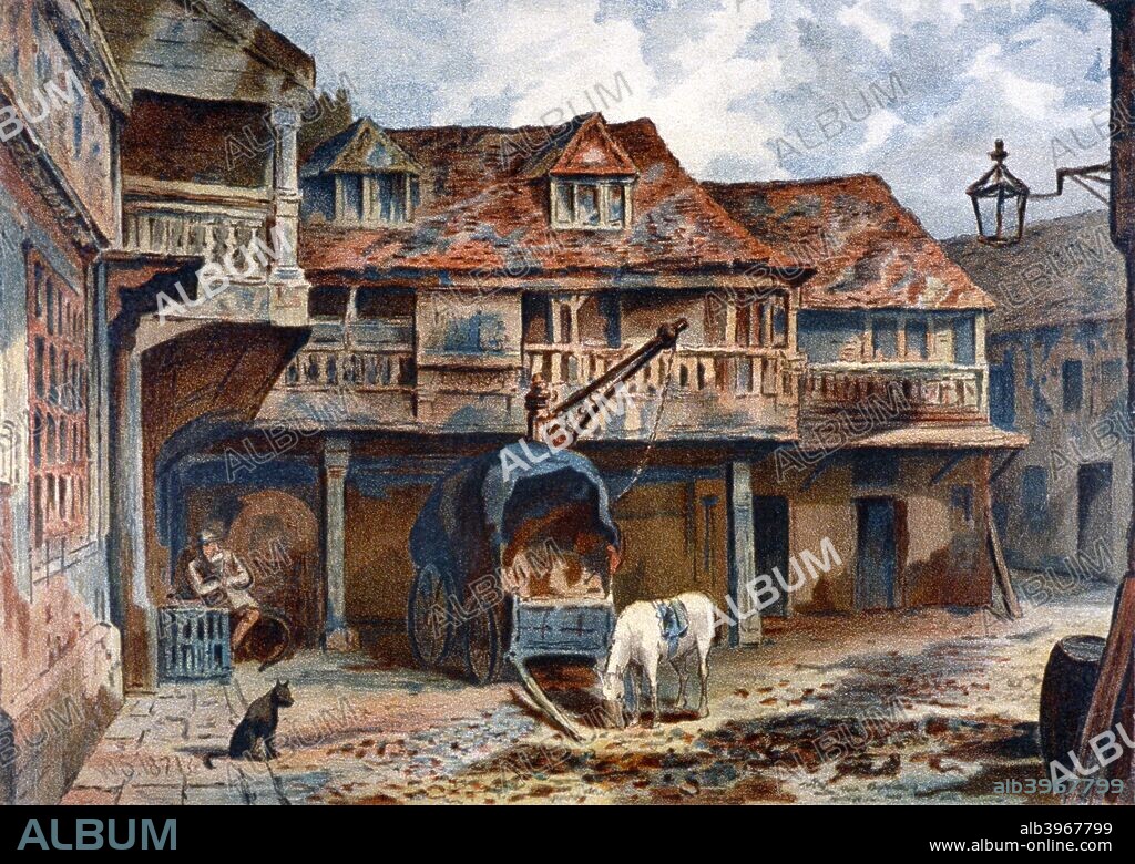 Courtyard of the Tabard Inn, Borough High Street, Southwark, London, 1871. View with a cart and a horse feeding from a bucket. The inn was the meeting place of the pilgrims in Chaucer's Canterbury Tales.