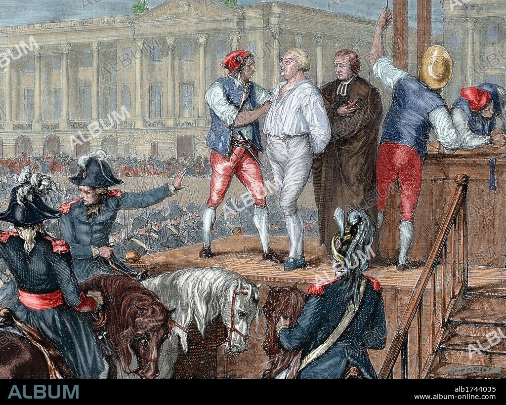 H. DE LA CHARLERIE. REVOLUCION FRANCESA. Ejecución del rey LUIS XVI (1754-1793), el 21 de enero de 1793, tras un largo proceso que duró desde el mes de noviembre de 1792 a enero de 1793 Su intento de fuga, la protección que daba a los emigrados y sus negociaciones con el extranjero fueron causa de su detención en el Temple. Grabado coloreado.