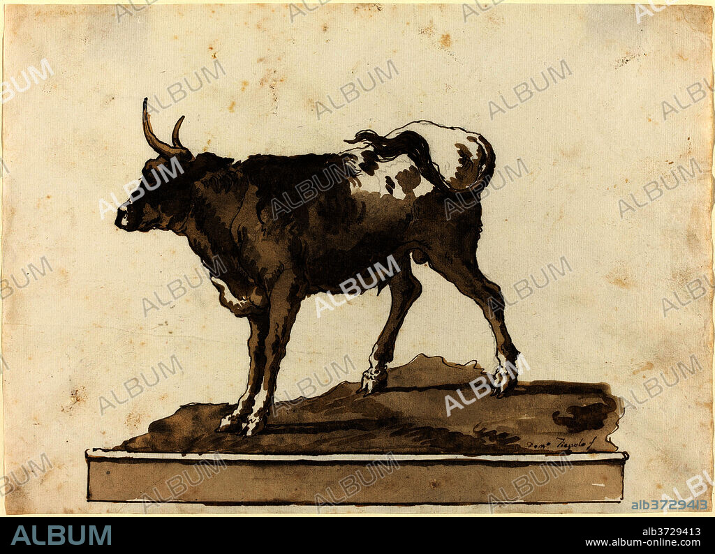 GIOVANNI DOMENICO TIEPOLO. A Bull on a Ledge. Dated: 1770s. Dimensions: overall: 19.6 x 27 cm (7 11/16 x 10 5/8 in.). Medium: pen and brown ink with brown-gray wash over graphite on laid paper.