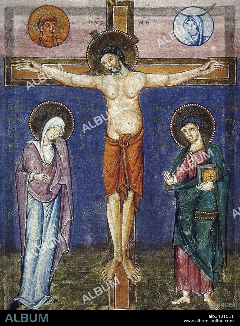 Cristo en la cruz. A sus pies la Virgen María y San Juan Apóstol. Miniatura. Museo Condé. Castillo de Chantilly. Francia.