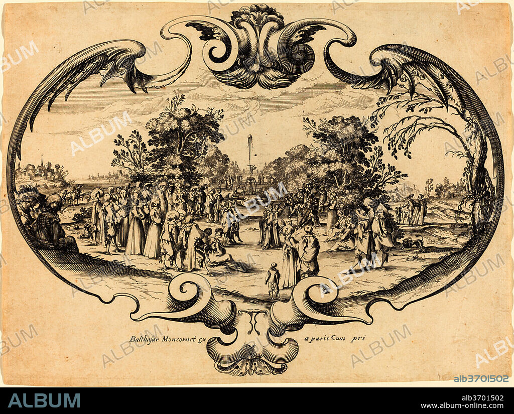 NOEL COCHIN. Design for a Fan: Courtly Figures in a Landscape. Dated: mid 17th century. Dimensions: sheet (trimmed within plate mark): 28.4 x 21.5 cm (11 3/16 x 8 7/16 in.). Medium: etching and engraving on laid paper.