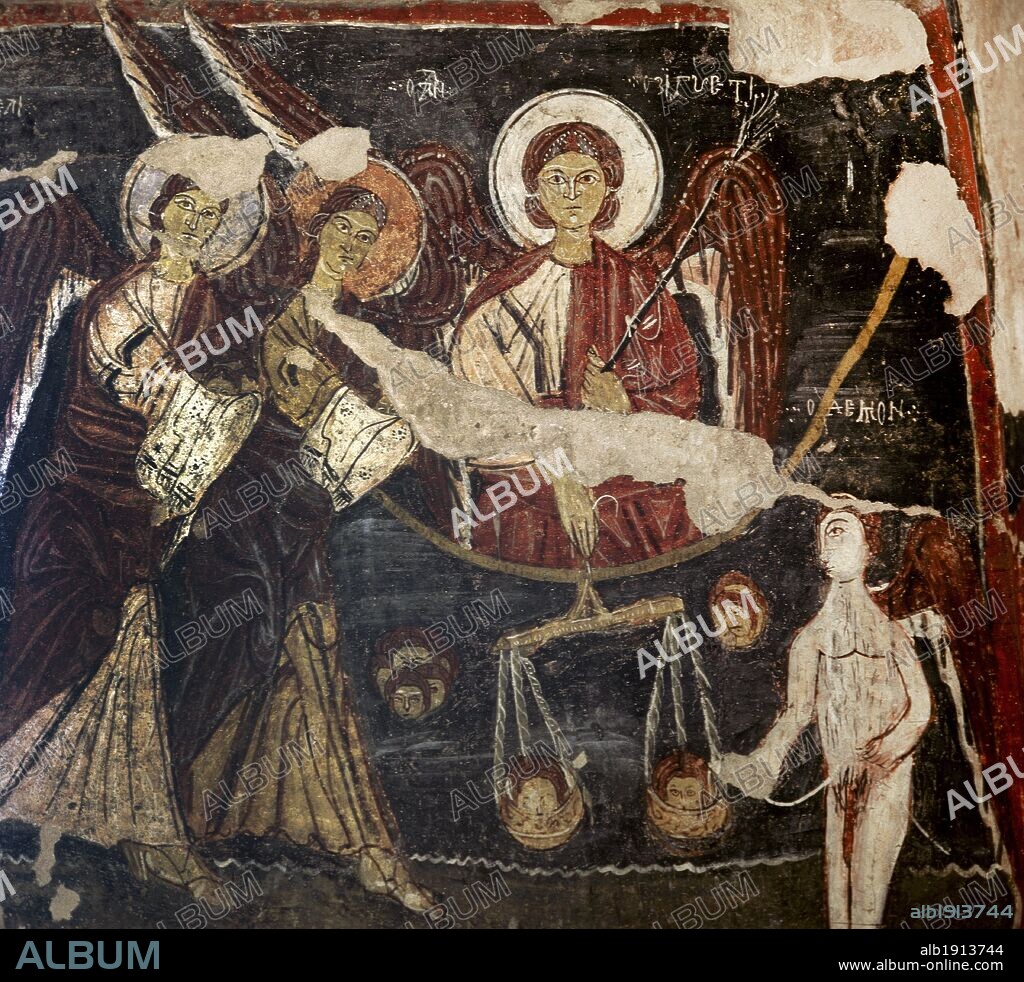 ARTE BIZANTINO. TURQUIA. IGLESIA DE SAN JUAN (siglo XI). Detalle de la pintura mural que decora las paredes de la iglesia excavada en la roca. Representa EL JUICIO FINAL. GÜLSEHIR. Región de la CAPADOCIA.