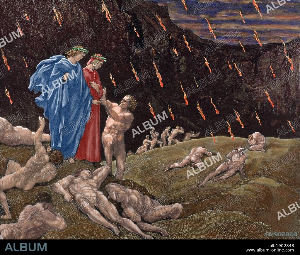 PAUL GUSTAVE DORÉ (after). Divine Comedy. Epic poem written by Dante Alighieri between 1308 and his death in 1321.  Hell. Brunetto Latini accosts Dante. XV Canto. Engraving by Gustave Dore. Colored.