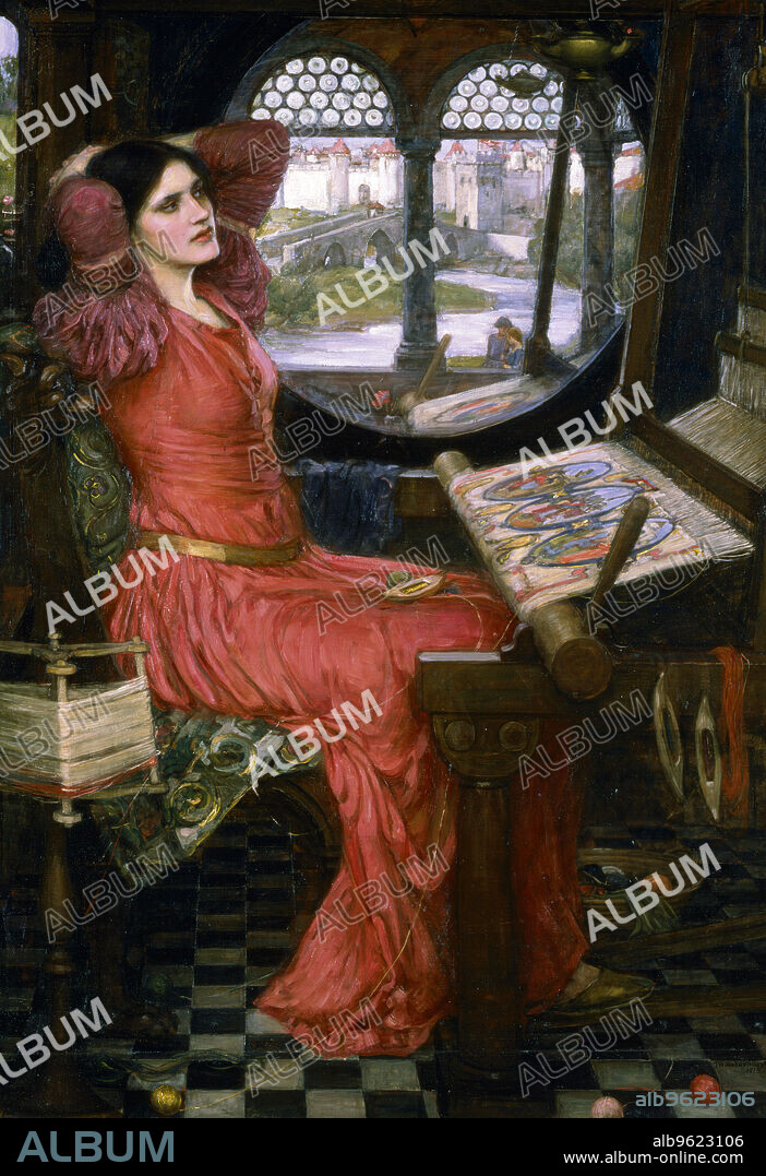 JOHN WILLIAMS WATERHOUSE. 'I am half sick of shadows', c1911. Illustration of Tennyson's poem of the Arthurian legend, showing the Lady of Shalott bored with her weaving. Beside her is the window she will look through and fall in love with Sir Lancelot. She will die of a broken heart because her love is not returned.