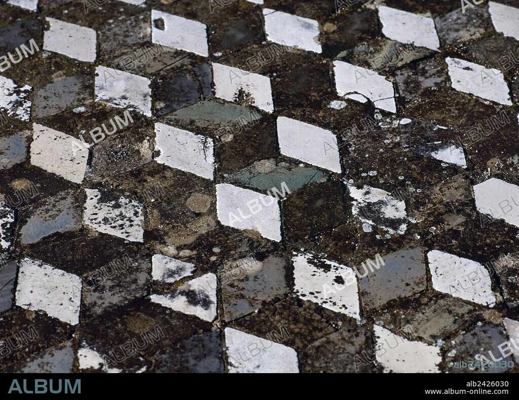 ARTE ROMANO. ITALIA. Detalle del mosaico del tipo "OPUS SECTILES", realizado mediante placas de mármol o piedras cortadas en forma de rombos, cuadrados o hexágonos. "CASA DEL FAUNO". POMPEYA. La Campania.