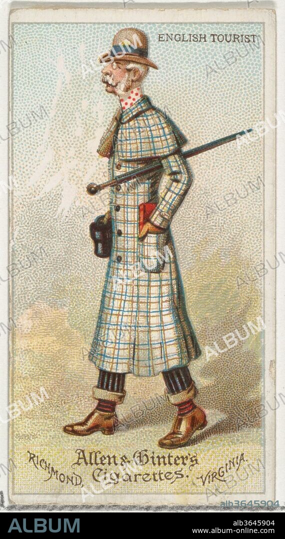 English Tourist, from World's Dudes series (N31) for Allen & Ginter Cigarettes. Dimensions: Sheet: 2 3/4 x 1 1/2 in. (7 x 3.8 cm). Publisher: Allen & Ginter (American, Richmond, Virginia). Date: 1888.
Trade cards from the "World's Dudes" series (N31), issued in 1888 in a set of 50 cards to promote Allen & Ginter brand cigarettes.