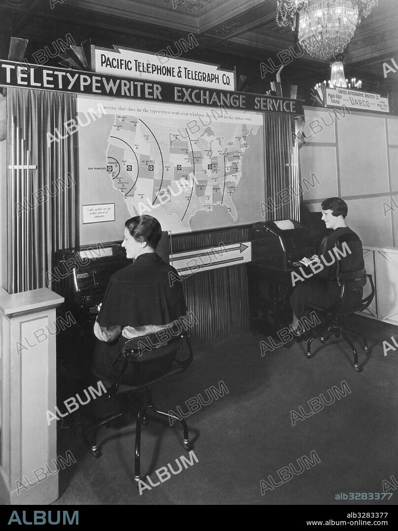 San Francisco, California:  c. 1939 Two women operating the Pacific Telephone & Telegraph Teletypewriter Exchange Service display.