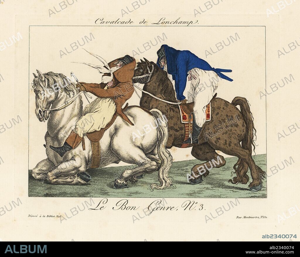 Cavalcade de Longchamp. Two incroyables (fops) mounted on heavy dray horses instead of thoroughbreds at Longchamp racetrack. Handcoloured engraving from Pierre de la Mesangere's Le Bon Genre, Paris, 1817.