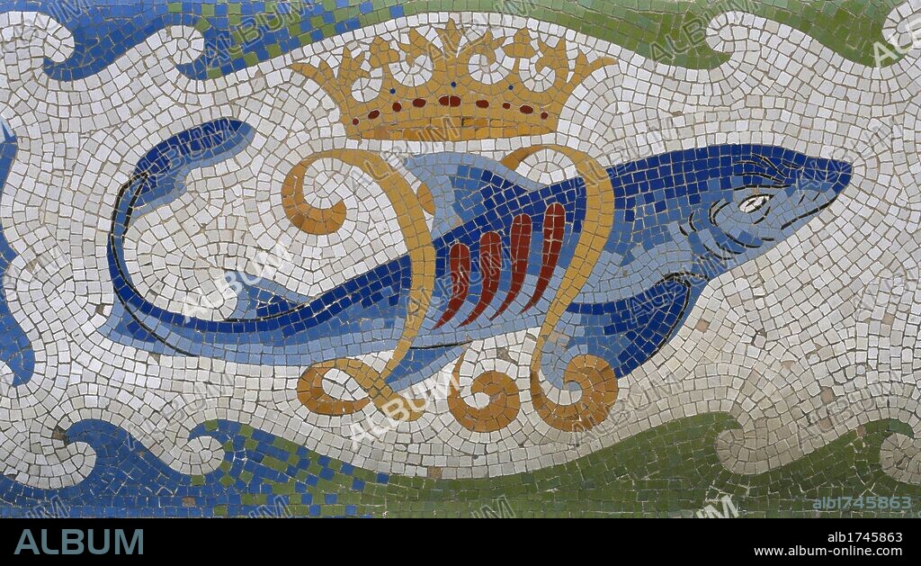 Spain, Catalonia, Barcelona. Torre Bellesguard. Modernist manor house designed by Antonio Gaudi, 1900-1909. Detail of the ceramic decoration of one of the benches at the facade.
