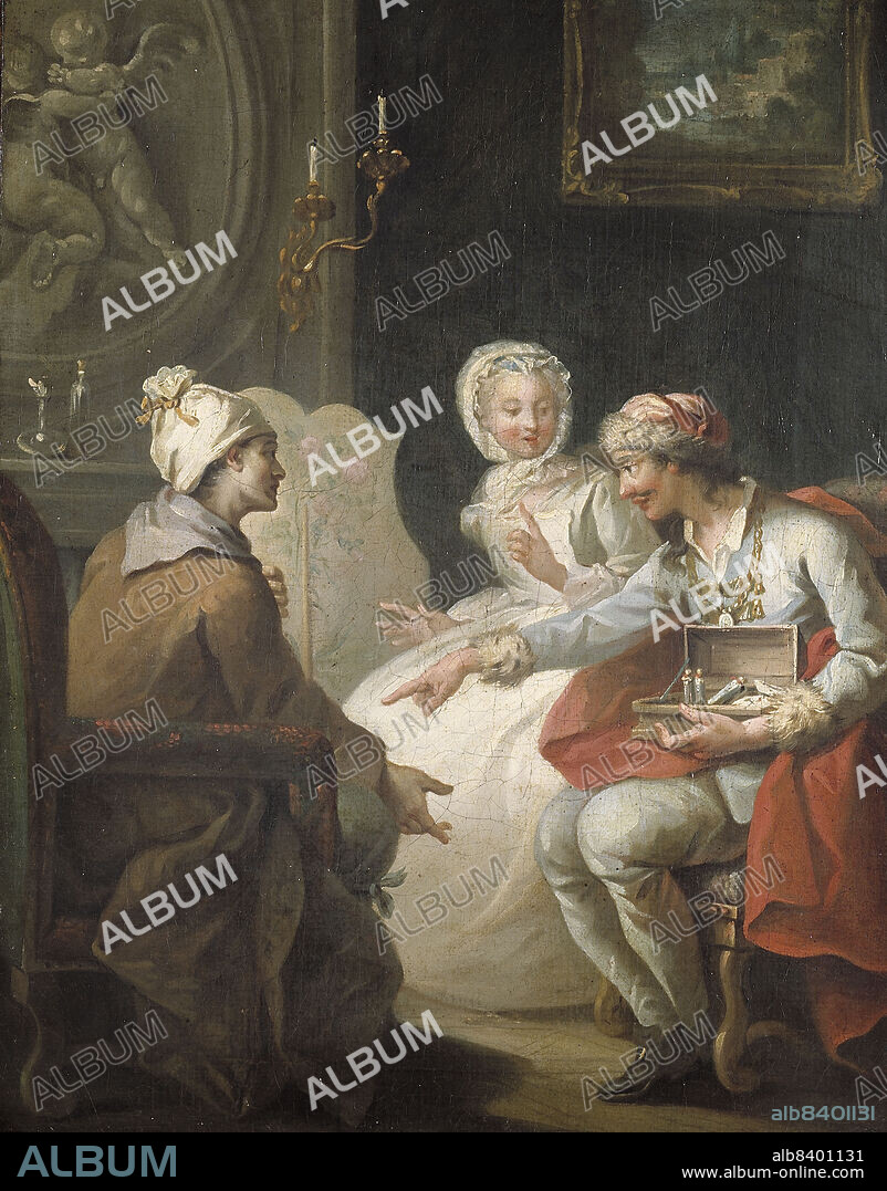 ETIENNE JEAURAT. Le Marchand d'orviétan ou l'opérateur Barri, c.1743. The Doctor's Visit, or "The Charlatan". Orviétan was a concoction of partially toxic herbs, wine, and dissolved honey, invented in the 17th century by Girolamo Ferrante of Orvieto. This "universal remedy" had great success in France, and was used as a panacea against poisonings with criminal intent, as well as against mushroom poisonings, snakebite, scorpion stings, bites by rabid animals, and the plague, despite it having no effective ingredients.
