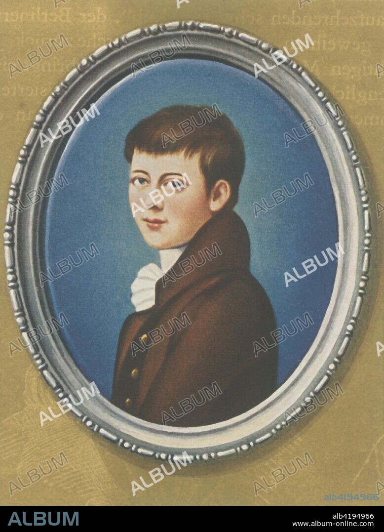 'Heinrich von Kleist', (1933). Portrait of German writer Heinrich von Kleist (1777-1811), who was also a poet, dramatist, novelist, short story writer and journalist. After a miniature of 1801 by Franz Krüger. From "Gestalten Der Weltgeschichte", a book of cigarette-card portrait miniatures of figures in world history from the last four hundred years. [Germany, 1933].