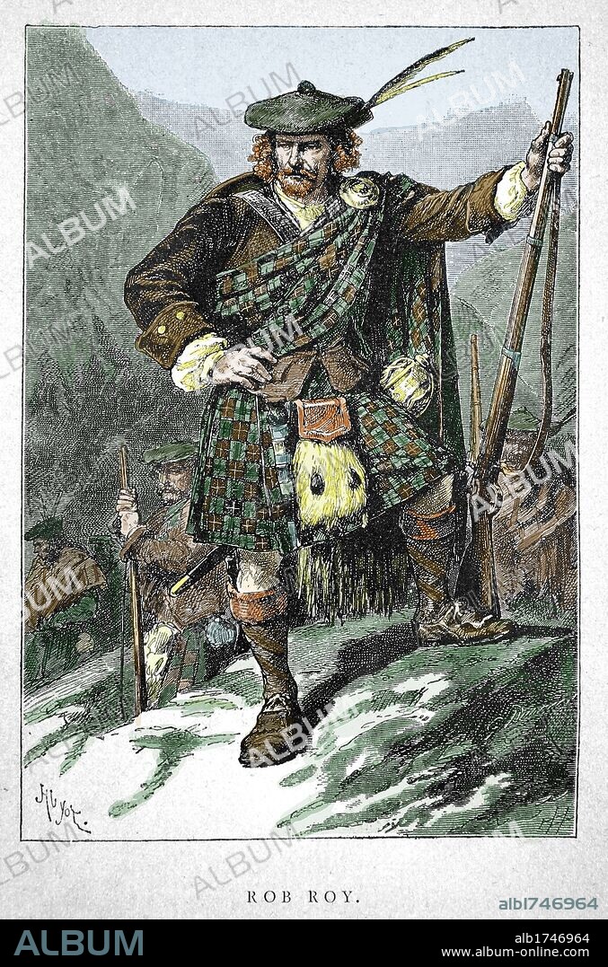 Robert Roy MacGregor (1671-1734).   Famous scottish folk hero and outlaw. Colored engraving.