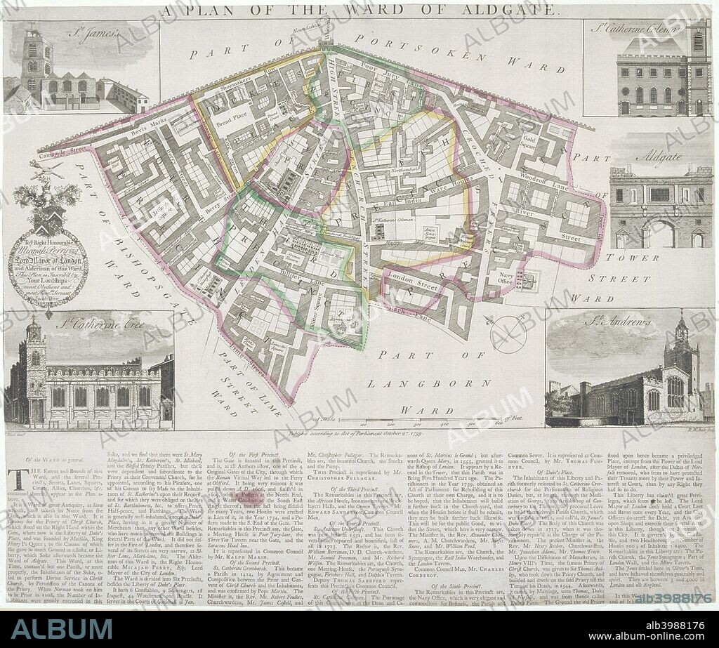 Map of Aldgate Ward, City of London, 1739. With images in the margins of Aldgate and four ward churches: St James, Duke Street, St Katherine Cree, St Katherine Coleman and St Andrew Undershaft. Below is a description of the ward.