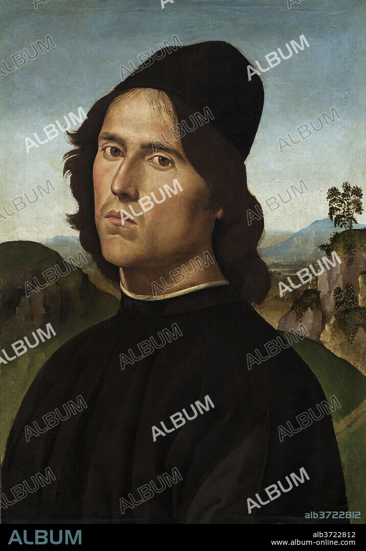 PIETRO PERUGINO. Portrait of Lorenzo di Credi. Dated: 1488. Dimensions: original panel: 44 x 30.5 cm (17 5/16 x 12 in.)  overall (with added border): 46 x 32.5 cm (18 1/8 x 12 13/16 in.)  framed: 63.8 x 50.8 x 5.7 cm (25 1/8 x 20 x 2 1/4 in.). Medium: oil on panel transferred to canvas.