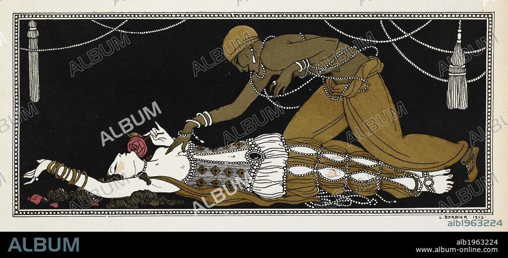 GEORGE BARBIER. Nijinsky as the Golden Slave in Sheherazade, a symphonic suite composed by Nikolai Rimsky-Korsakov in 1888. Sheherazade is here on her deathbed, the golden slave leaning over her. Designs on the Dances of Vaslav Nijinsky ... Foreword by Francis de Miomandre, translated from the French by C. W. Beaumont. London, Paris [printed], 1913. Source: L.R.28.a.14, plate 7.