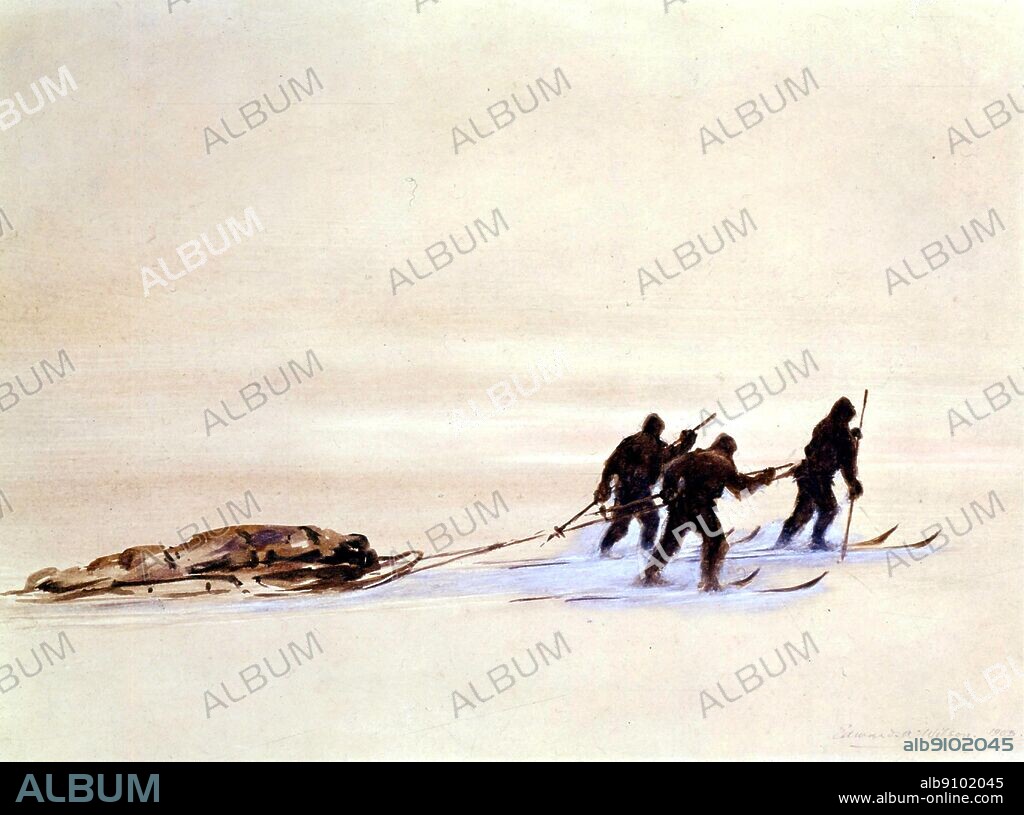 Sledge hauling on skis on a grey day on the Great Ice Barrier, by Edward Wilson (1872-1912). Terra Nova Expedition (1910-1913). Antarctica: The Last Continent by Ian Cameron, page 187.