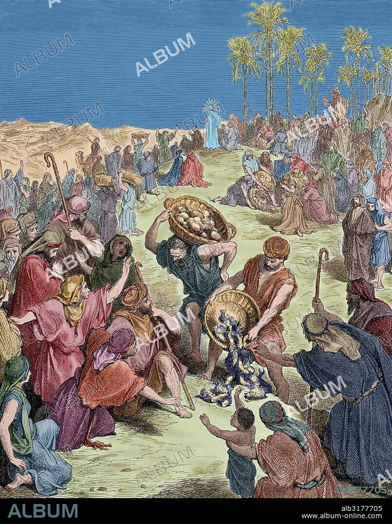 NUEVO TESTAMENTO. "MULTIPLICACION DE LOS PANES Y DE LOS PECES". San Mateo. Capítulo XV, versículos 30 al 37. Dibujo de Gustave DORE. Coloreado.