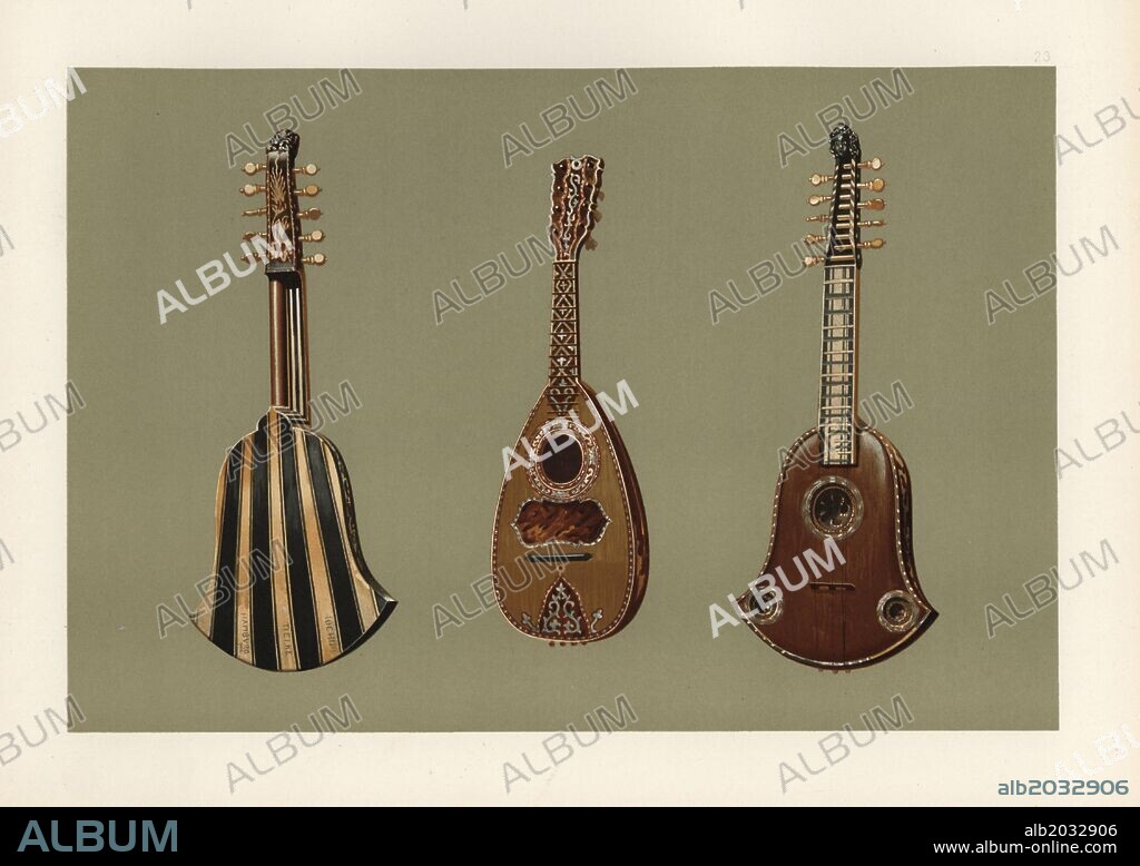 Ten-string Quintena or Chiterna (Italian guitar) in tortoiseshell with a back of ebony and ivory, manufactured by Joachim Tielke of Hamburg in 1676 (left and right), and mandoline lute in tortoiseshell and mother-of-pearl by Domenico Vinaccia of Naples in 1780 (centre). Chromolithograph from an illustration by William Gibb from A.J. Hipkins' "Musical Instruments, Historic, Rare and Unique," Adam and Charles Black, Edinburgh, 1888. Alfred James Hipkins (1826-1903) was an English musicologist who specialized in the history of the pianoforte and other instruments. William Gibb was a master illustrator and chromolithographer and illustrated "The Royal House of Stuart" (1890), "Naval and Military Trophies" (1896), and others.