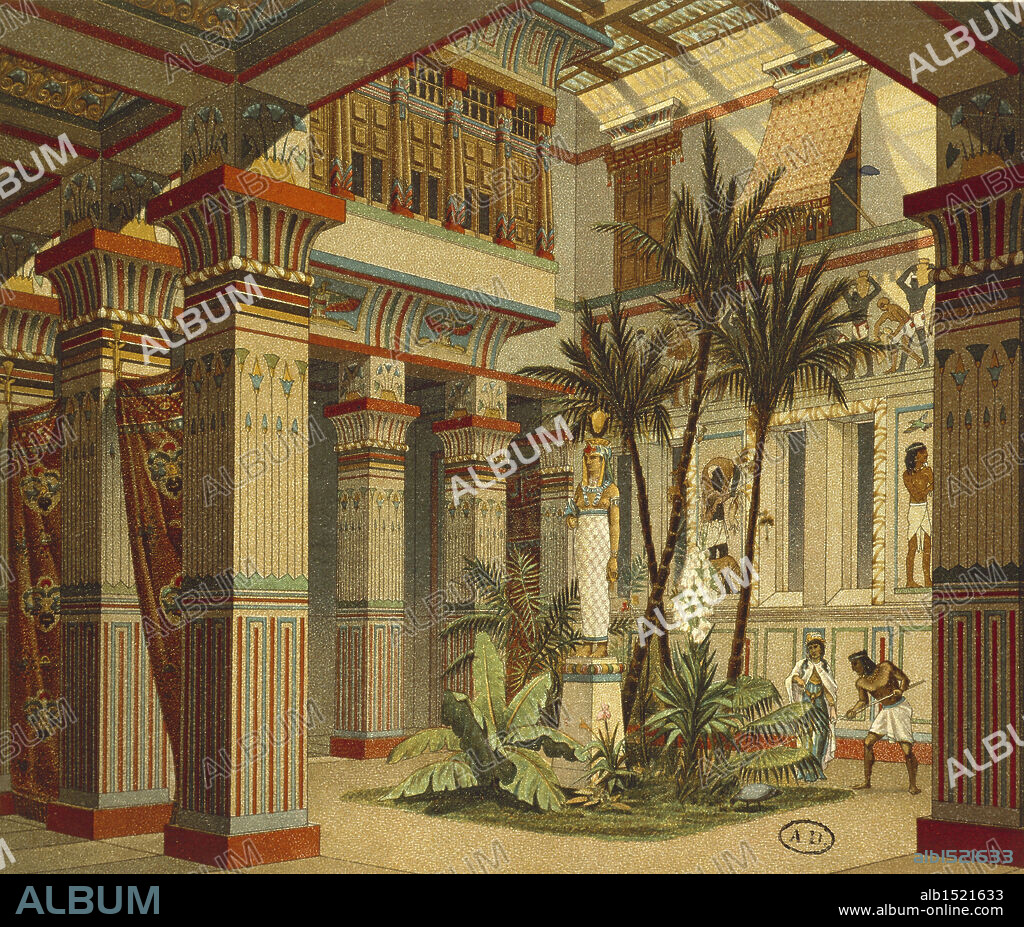 Egypt, Tell el Amarna, Ideal reconstruction of a rich dwelling from the 15th Century B.C. lithograph by Charpentier  19th century B.C., France, Paris, Bibliotheque des Arts Decoratifs (library), archaeology.